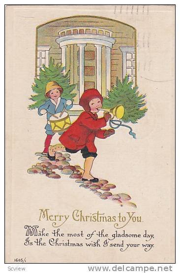 Merry Christmas to You Poem, Children palying a trumpet and a snare drum, PU-...