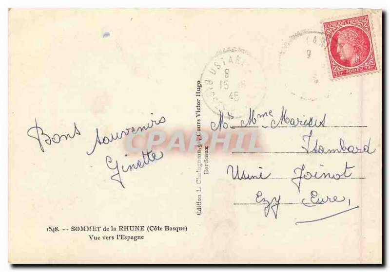 Postcard Modern Summit Cote Basque Rhune view to Spain