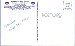 CALAIS, Maine  ME   Roadside  INTERNATIONAL MOTEL  1965     Postcard