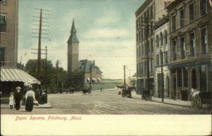 Fitchburg MA RR Train Depot Square Street Scene c1910 Postcard