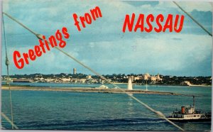 Postcard Bahamas Greetings from Nassau Skyline Passenger Tender Ferry 1965