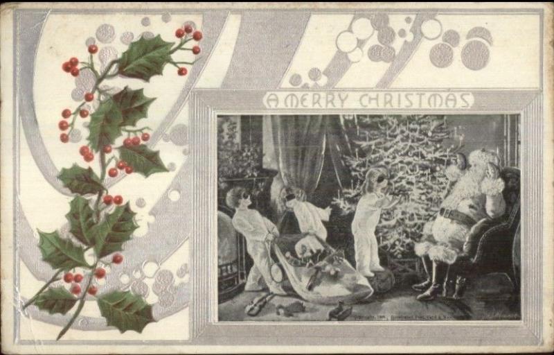 Christmas - Children & Santa Claus Silver Border c1910 Used Postcard