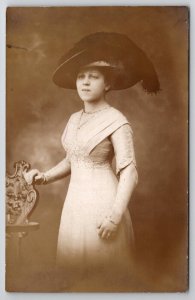 RPPC Beautiful Victorian Woman Fitted Dress Large Hat Real Photo Postcard I21