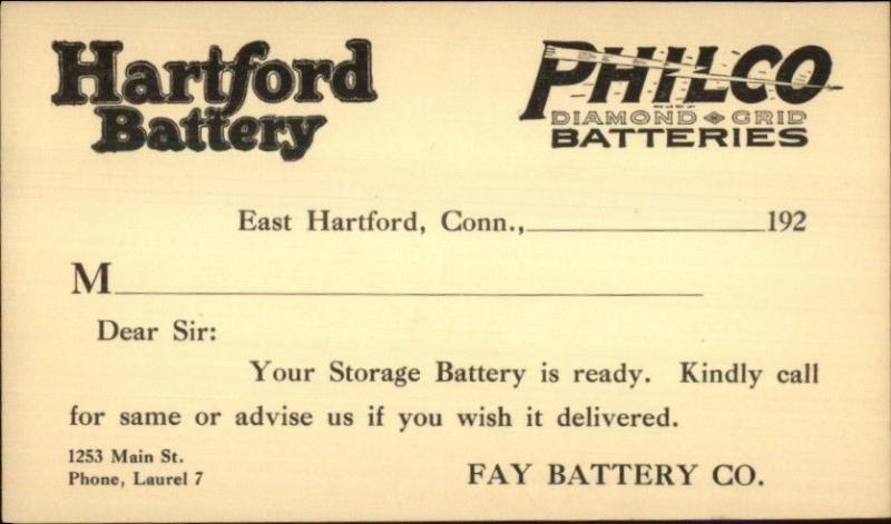 Hartford Battery Philco Diamond Grid Fay Battery Laurel/East Hartford Postal