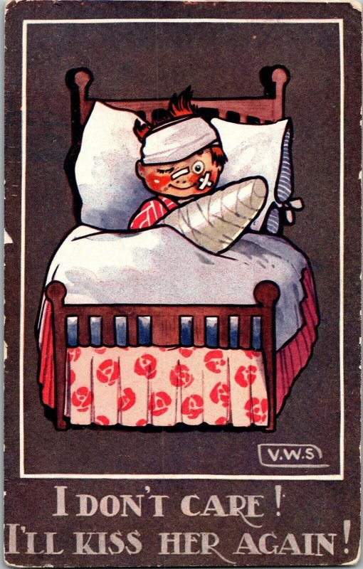 Boy In Bed Broken Arm, I Don't Care I'll Kiss Her Again Signed VWS Postcard F72 