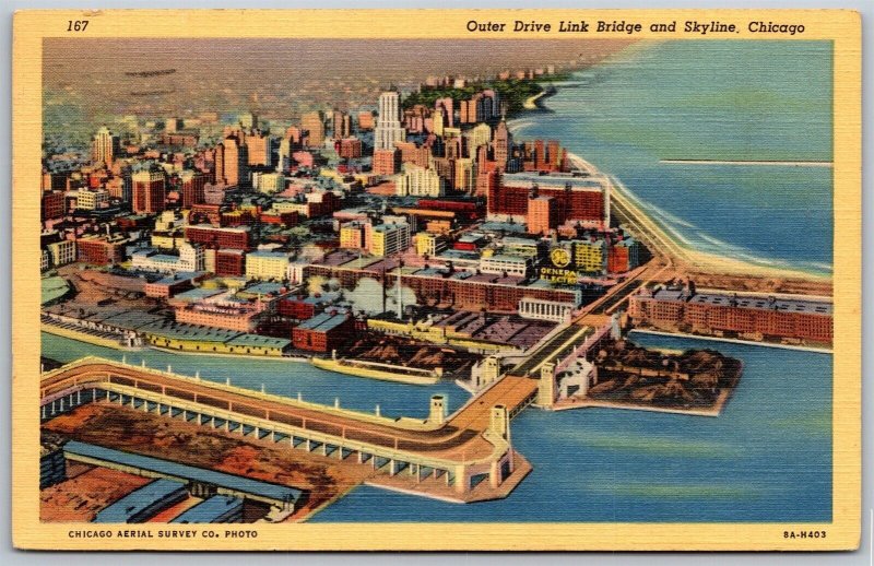 Vtg Chicago Illinois IL Outer Drive Link Bridge & Skyline 1930s View Postcard