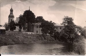 RPPC Wieruszow, Poland 1930-60? Church on River, Photo