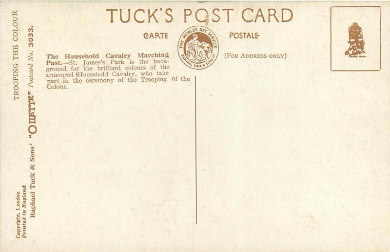 UK Trooping Colour Household Calvary London England Tuck Oilette Postcard