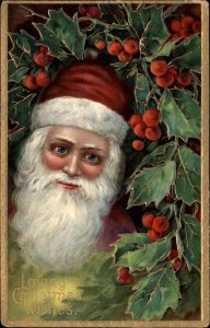 Christmas Santa Claus Among Holly c1910 Vintage Postcard