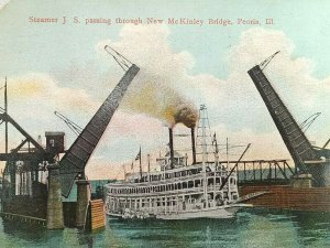 Steamer J.S. passing McKinley Bridge Peoria Illinois 1910 Vintage Postcard