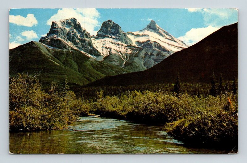 Banff Alberta Canada Three Sister Mountains Bow River Chrome Cancel WOB Postcard 