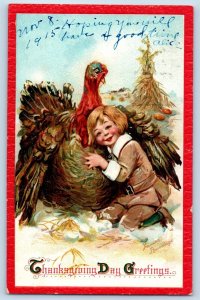 James Brundage Signed Postcard Thanksgiving Greetings Little Boy Turkey 1915