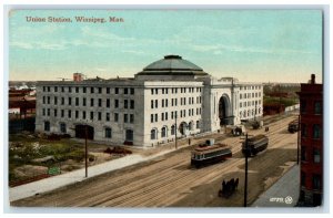 1912 Union Station Winnipeg Manitoba Canada Trolley Car Antique Postcard