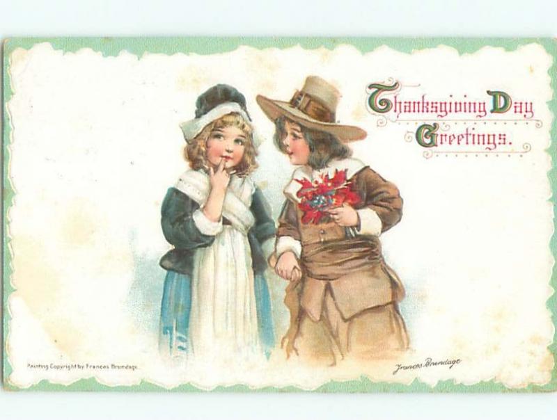 Pre-Linen Thanksgiving signed FRANCES BRUNDAGE - BOY HOLDS HAND OF GIRL AB4368