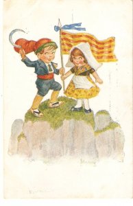 Jimmy. Patriotic Catalan children couple Old vintage Spanish, artist signed, P