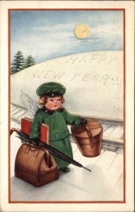 Whitney New Year Angel Railroad Station With Luggage Vintage Postcard