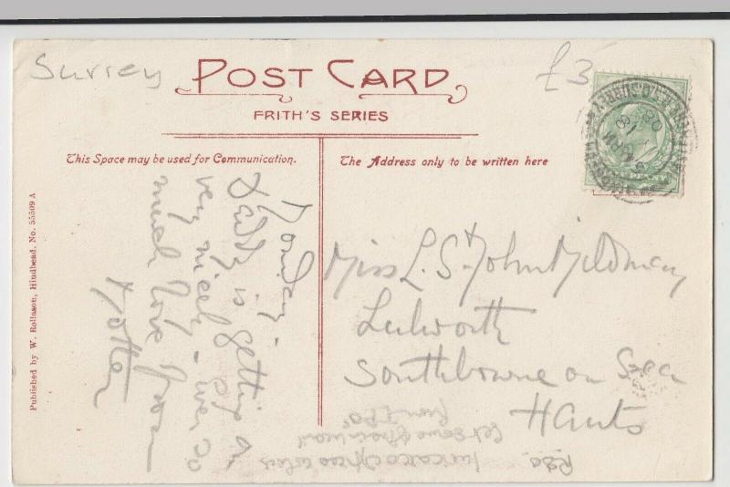 Surrey; Hindhead, The Winding Road PPC, Hindhead & Haslemere TPO PMK, 1908