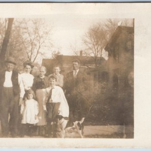 c1910s Great Group Family RPPC Dog House Outdoor Men & Women Children Photo A213
