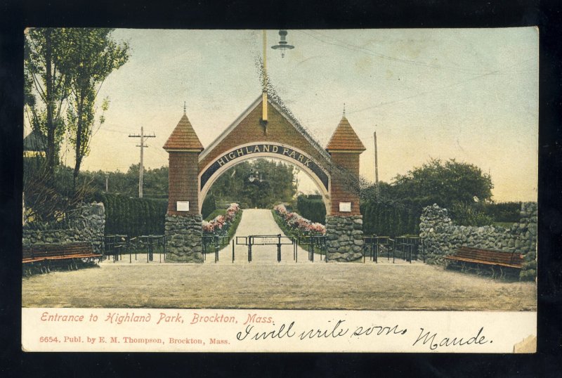 Brockton, Massachusetts/MA/Mass Postcard, Entrance To Highland Park, 1905!