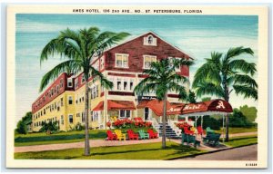 ST PETERSBURG,  FL Florida ~ AMES HOTEL  c1930s  Deco Era Linen Postcard