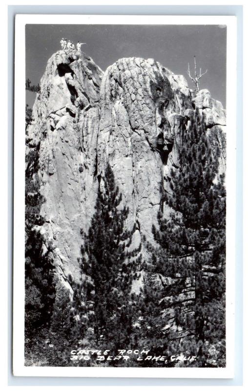 Postcard Castle Rock, Big Bear Lake, CA RPPC a group of hikers on top D14