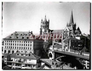 Modern Postcard Lausanne Cathedral and Bessieres bridge