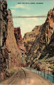 Vtg Suspension Bridge over Royal Gorge Railroad Tracks Colorado CO Postcard