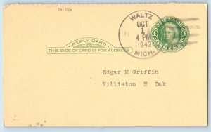 DPO Waltz Michigan MI Postcard Edgar M Griffin Williston North Dakota ND 1942