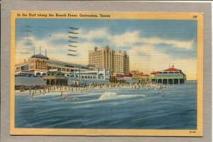 Postcard TX Texas Galveston Beach From Pier Swimmers Gulf View Linen c1945 -093