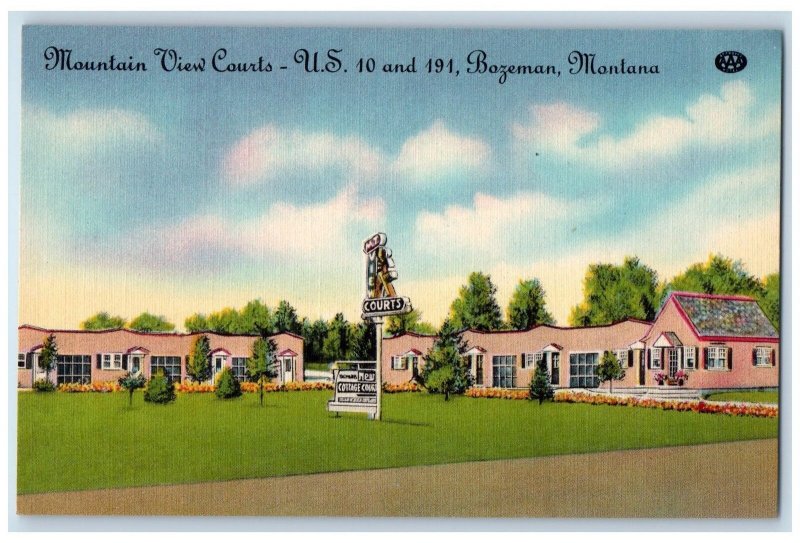 c1940s Mountain View Courts Exterior Roadside Bozeman Montana MT Trees Postcard 