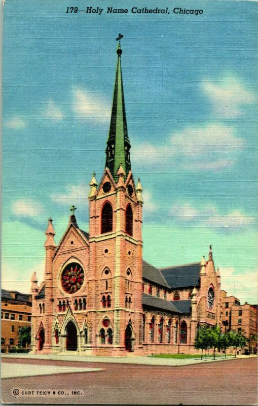 Chicago IL, Holy Name Cathedral Church Stained Glass, Linen Illinois Postcard