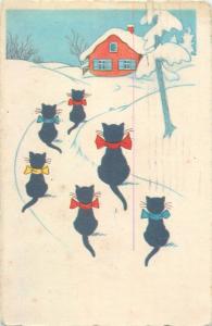 Black cats kitties winter seasonal fantasy greetings postcard chats noire 1936
