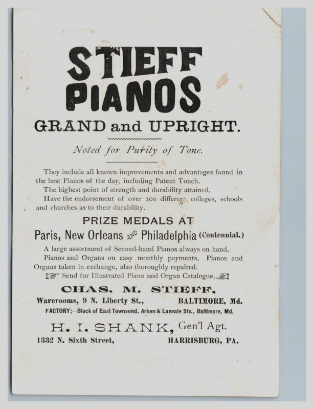 1880s-90s Stieff Pianos Grand & Upright H.I. Shank Agt. Cute Spaniel Dog &D