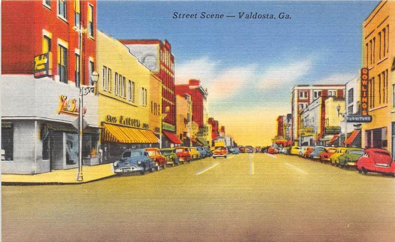 Georgia Ga Postcard Linen VALDOSTA Street Scene Dowlings Furniture Store Cars