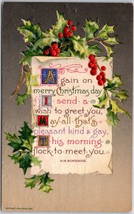 1910's Again On Merry Christmas Day Holy Leaf Cherry Poem Posted Postcard