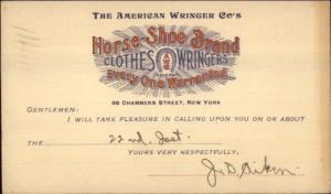 Illustrated Gov't Postal Card Old Horse-Shoe Clothes Wringers New York City