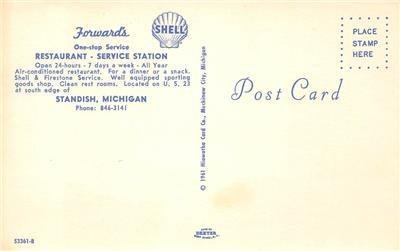 FORWARD'S Restaurant Shell Gas Station Standish, MI Roadside c1960s Postcard