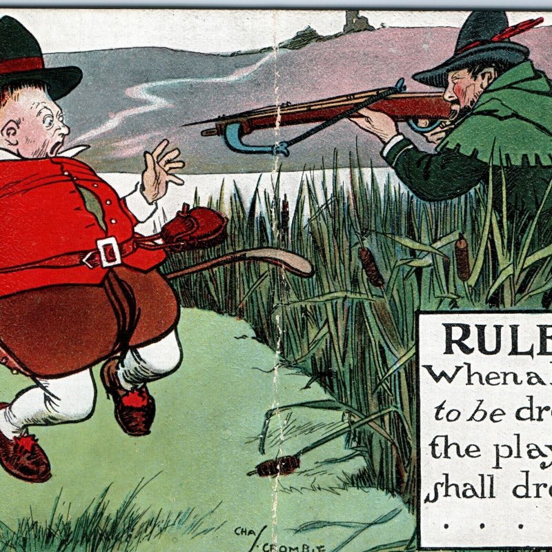 c1900s Golf Comic Charles Crombie Rule XV Postcard Series Rifle Gun A167