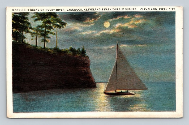 Vintage Moonlight Scene Rocky River Lakewood Cleveland Ohio Postcard