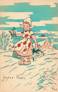 Merry Christmas Dutch Girl With Mistletoe Vintage Postcard 06.66