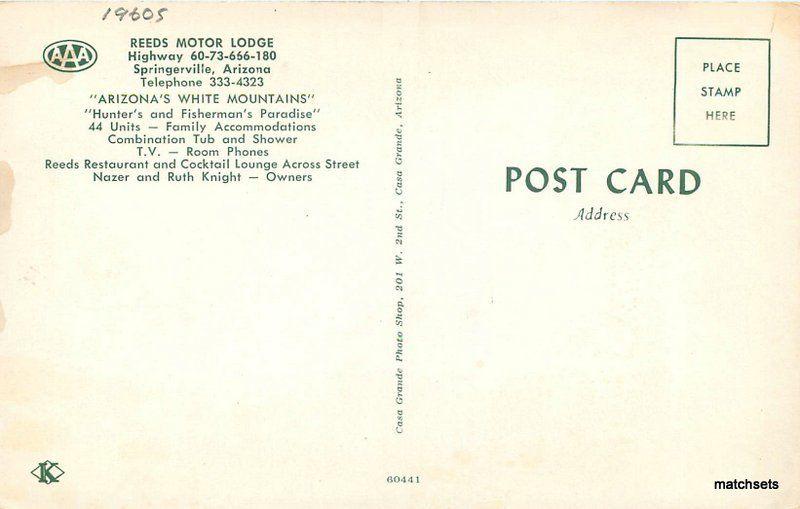 Autos 1960s Springerville Arizona Reeds Motor Lodge Roadside postcard 10948