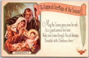 Christmas Greetings, 1928 Holy Family Nativity Palm Leaves Bible Verse, Postcard