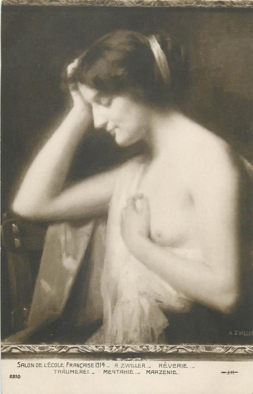 Salon 1914 A. Zwiller - Reverie nude in art old postcard