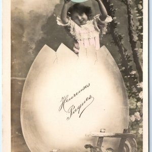 c1910s French Happy Easter RPPC Cute Girl Hand Colored Egg Allys Real Photo A125
