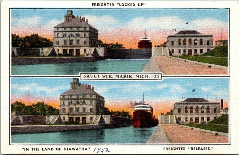 VTG Postcard Soo Locks Sault Ste Marie Mich 1952 Freighter Locked Released  127
