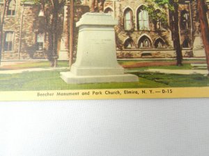 VINTAGE POSTCARD BEECHER MONUMENT & PARK CHURCH ELMIRA NEW YORK COLOR D15