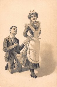 Love Romance Man in Knees Talks to Maid Couple vintage postcard B919