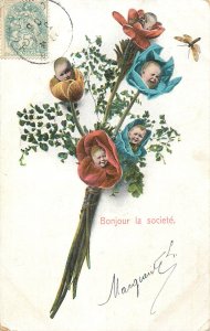 Flowers multi babies surrealism vintage greetings postcard, France