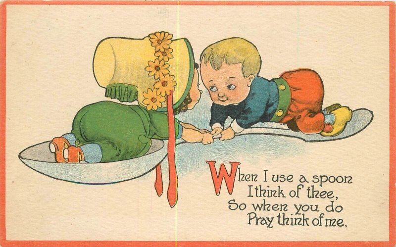 Postcard C-1910 Spoon Children romance sun Bonnet comic humor GDD 22-12330