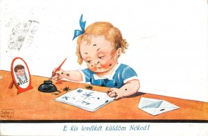Children comic girl writting letter ink spots caricature John Wills postcard